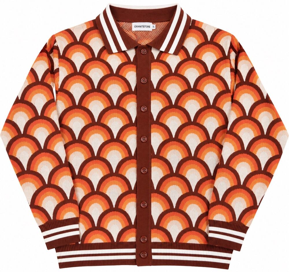 OXKNIT XL 70s Retro Cardigan Brown Orange Mod Psychedelic Knit Sweater NWT